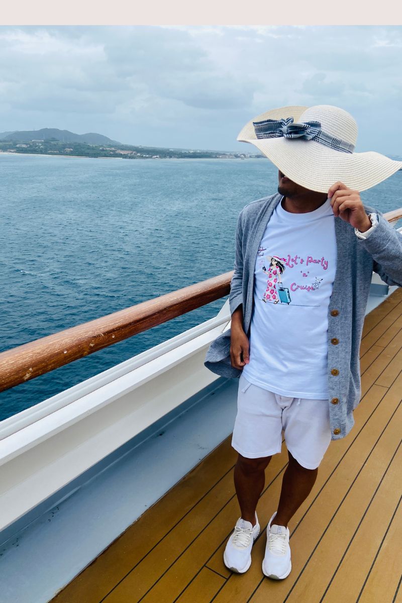About us image Model wearing Small Size Tee Lets Party n Cruise Print