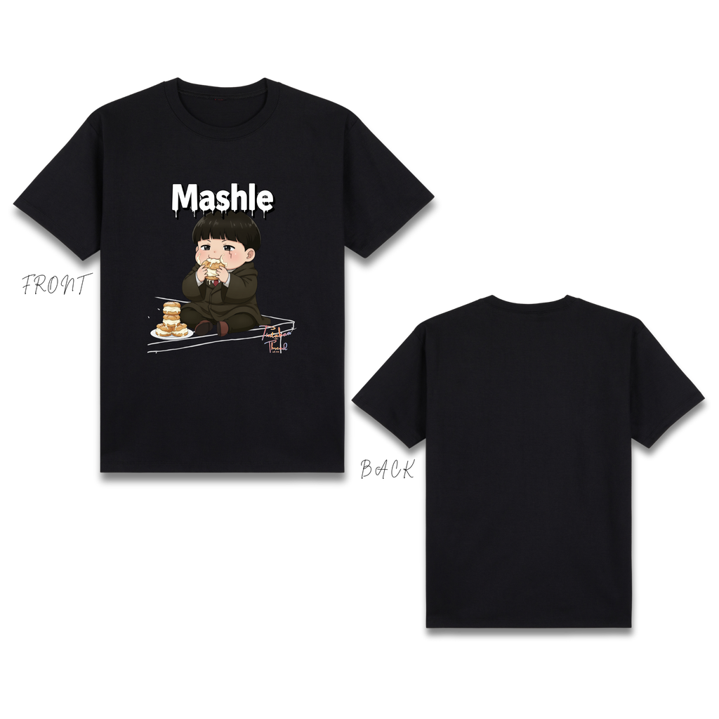 Basic T-Shirt Premium 100% COTTON 200 GSM
Front and back view of a Black streetwear tee. The front features a large graphic of a chibi-style Mash Burnedead sitting and eating a cream puff, with a stack of choux creams on a plate next to him. Above him, the word "Mashle" is printed in a bold white font with a creative "dripping cream" effect. The character is in full color while the surrounding table lines are in subtle white line art. Only @ Tintahan-on-Thread