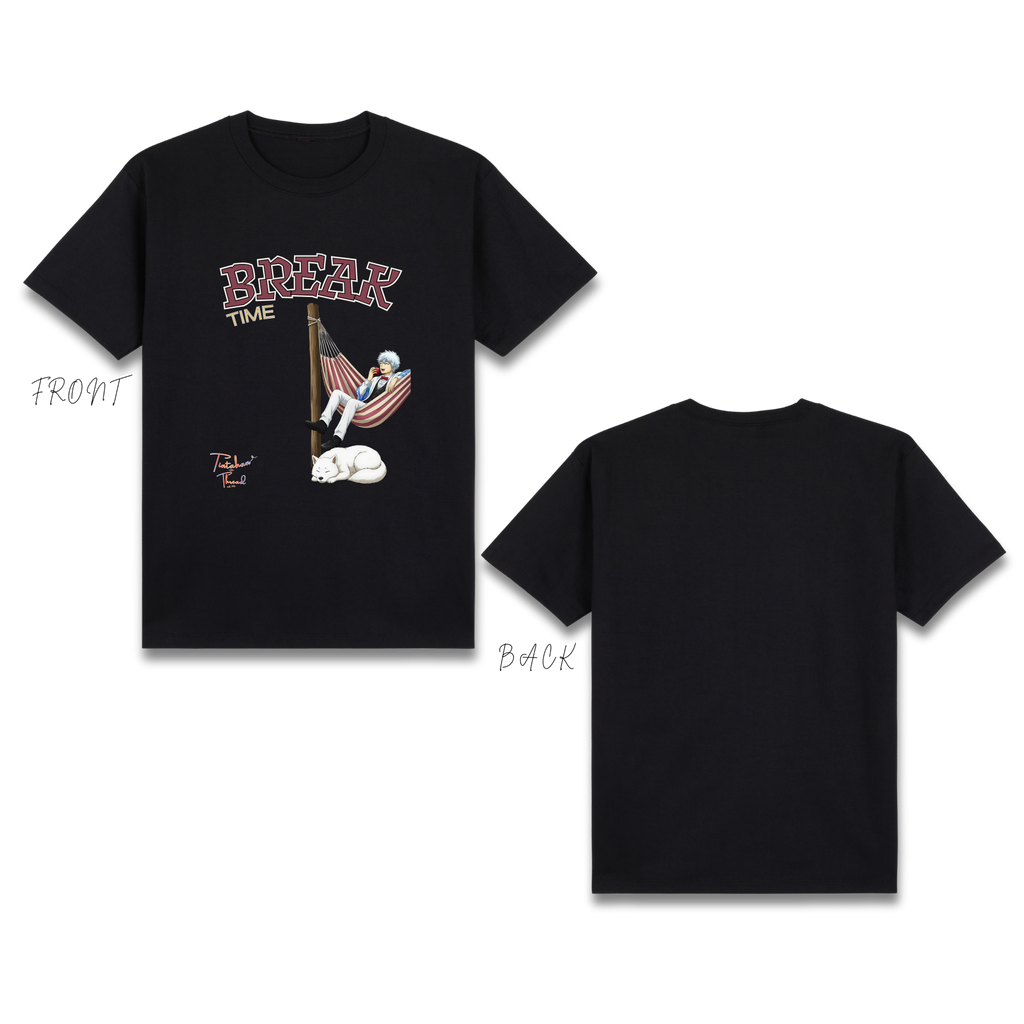 Basic T-Shirt Premium 100% COTTON 200 GSM Front and back view of a Black streetwear tee. The front features an 11x12 inch graphic of the anime character Gintoki leaning back in a relaxed pose. A small red apple icon is positioned to the right. The text is sharp and vibrant, and the design uses a no-background printing technique, allowing the black fabric to show through the negative space for better airflow. Only @ Tintahan-on-Thread