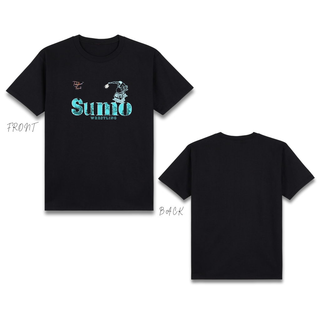 Basic T-Shirt Premium 100% COTTON 200 GSM Black streetwear tee featuring a 10x6 inch chest print. The design uses "SUMO" text as a frame, with a line art sumo wrestler embossed inside the letters. Only @ Tintahan-on-Thread
