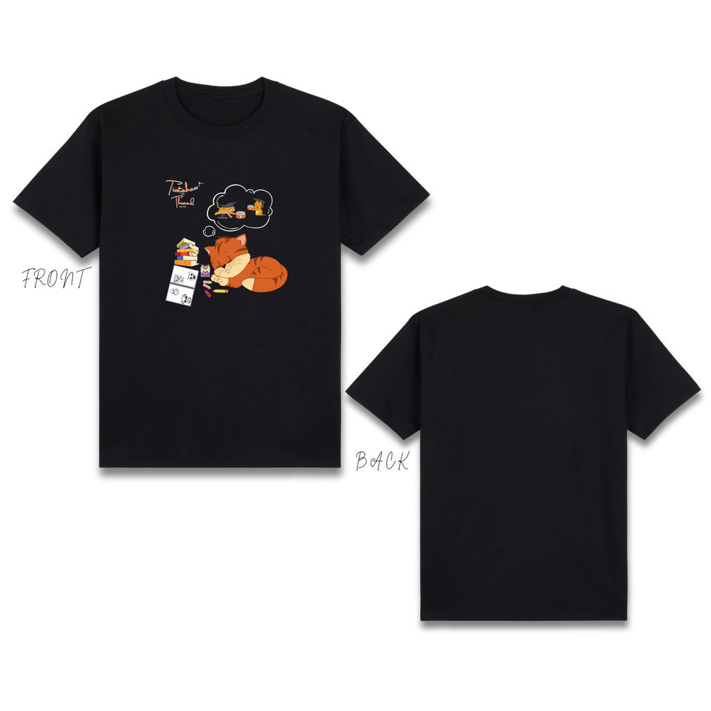 Basic T-Shirt Premium 100% COTTON 200 GSM Front view of a Black streetwear tee with a full-colored graphic of a sleeping cat tired of studying in soft tones. The image "SLEEPING CAT" and "canned tuna", she knows there is a "reward" is printed in a clean, modern image around the cat. Only @ Tintahan-on-Thread