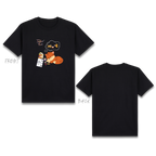 Basic T-Shirt Premium 100% COTTON 200 GSM Front view of a Black streetwear tee with a full-colored graphic of a sleeping cat tired of studying in soft tones. The image "SLEEPING CAT" and "canned tuna", she knows there is a "reward" is printed in a clean, modern image around the cat. Only @ Tintahan-on-Thread