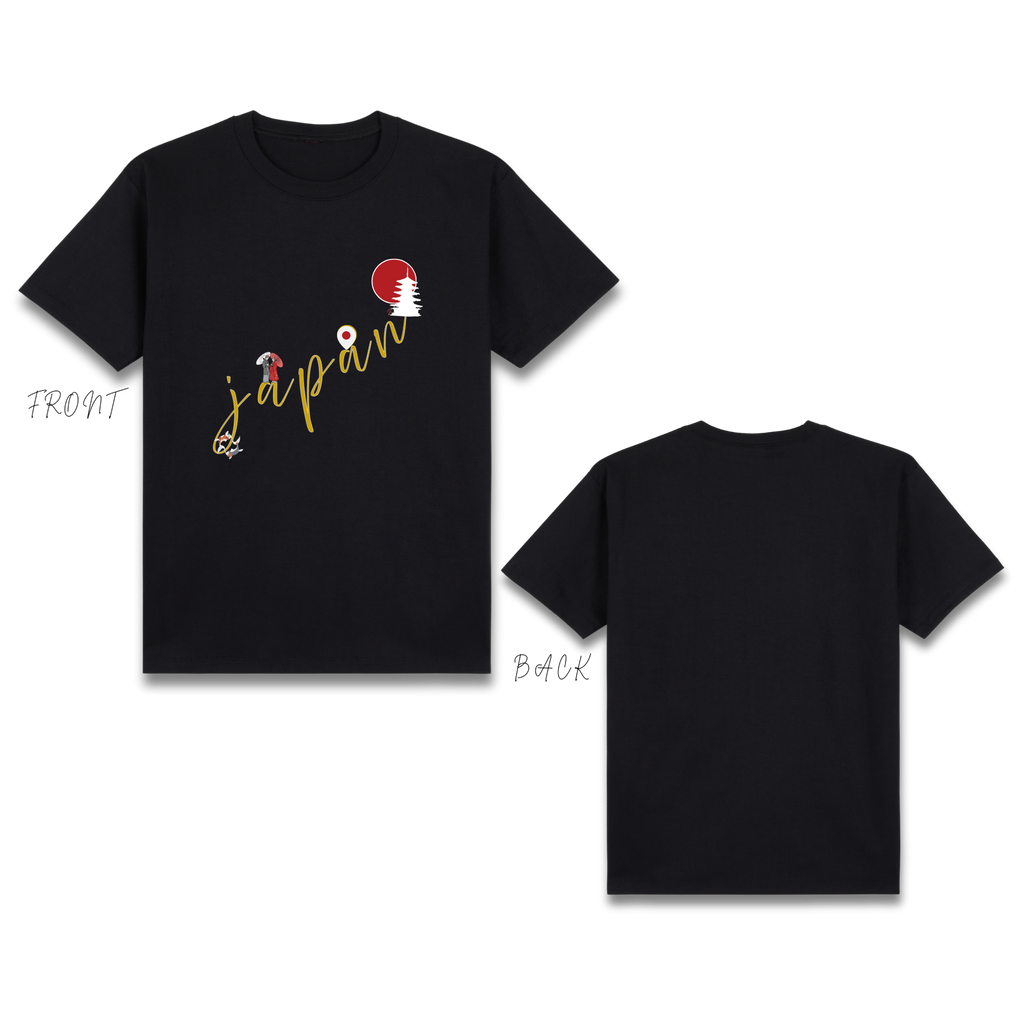 Basic T-Shirt Premium 100% COTTON 200 GSM
Front and back view of a Black streetwear tee. The 11x11 front features a unique vertical layout where Japanese cultural icons—a white pagoda, a red sun, a location pin, and traditional figures—are arranged to artistically form the silhouette of the Japan map. The word "japan" is written across the center in an elegant, golden-yellow cursive script. Only @ Tintahan-on-Thread