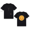 Basic T-Shirt Premium 100% COTTON 200 GSM Front and back view of a Black streetwear tee. The front features a minimalist brown string graphic centered just below the collar. The back showcases a large, high-detail 11x12 inch graphic of a yellow straw hat with a red ribbon, rendered to look as if it is hanging by its strings. The design uses high-definition inks for a crisp, vibrant finish. Only @ Tintahan-on-Thread