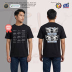 Basic T-Shirt Premium 100% COTTON 200 GSM Front and back view of a man wearing Black streetwear tee. The front features a 12x11 inch grid of repeating light typography with words like "CELESTIAL" "ETHEREAL" in various fonts. The back showcases a 12x14 inch dual-layered graphic of classical angels and baroque borders. The angels are rendered in a soft ash grey sketch style and split into four panels, which are artistically overlaid on two large, solid sky-blu "number 11" graphics. Only @ Tintahan-on-Thread