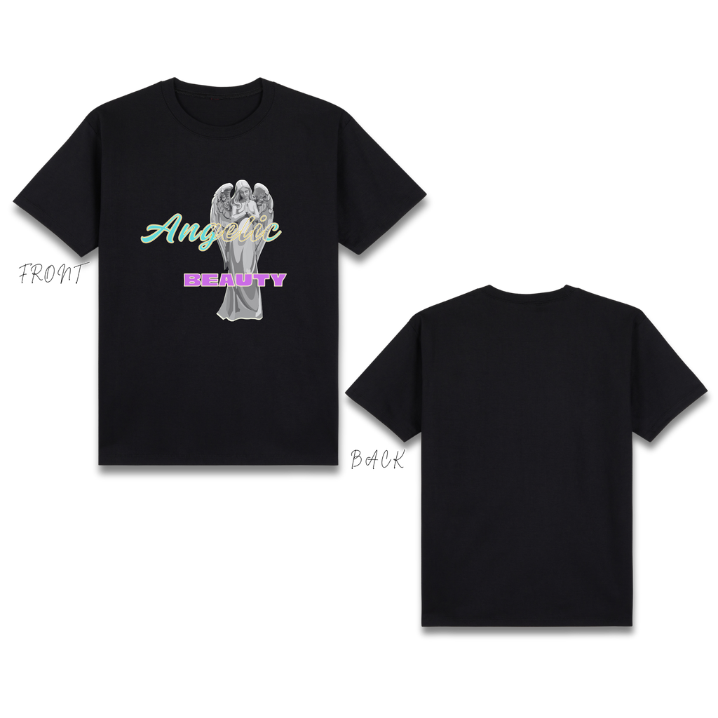 Basic T-Shirt Premium 100% COTTON 200 GSM
Front view of a Black streetwear tee. The design features a high-detail classical angel statue with soft highlights and deep shadows, creating a 3D effect. The statue is surrounded by bold, vibrant pink typography and gold accents, centered on a 11x10.5 inch print area. Only @ Tintahan-on-Thread