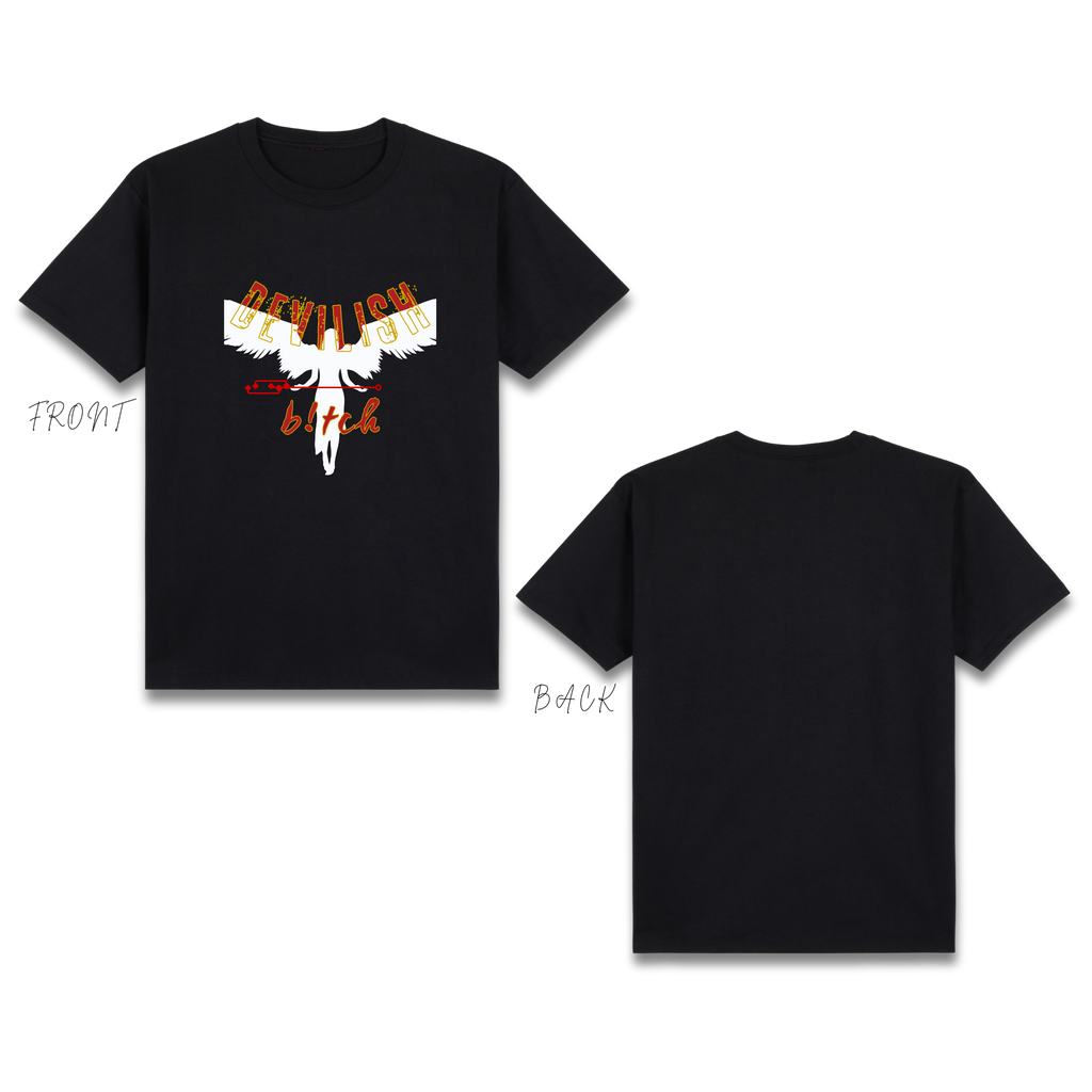 Basic T-Shirt Premium 100% COTTON 200 GSM
Front view of a Black streetwear tee. This features a 11x11 inch design of a full-color Gothic angel silhouette with expansive white feathered wings. The angel is layered below the distressed, red-stamped text "DEVILISH,". The word "b!tch" in red block letters is centered below, and the design uses adaptive high-definition inks to maintain sharp contrast against the dark fabric. Only @ Tintahan-on-Thread