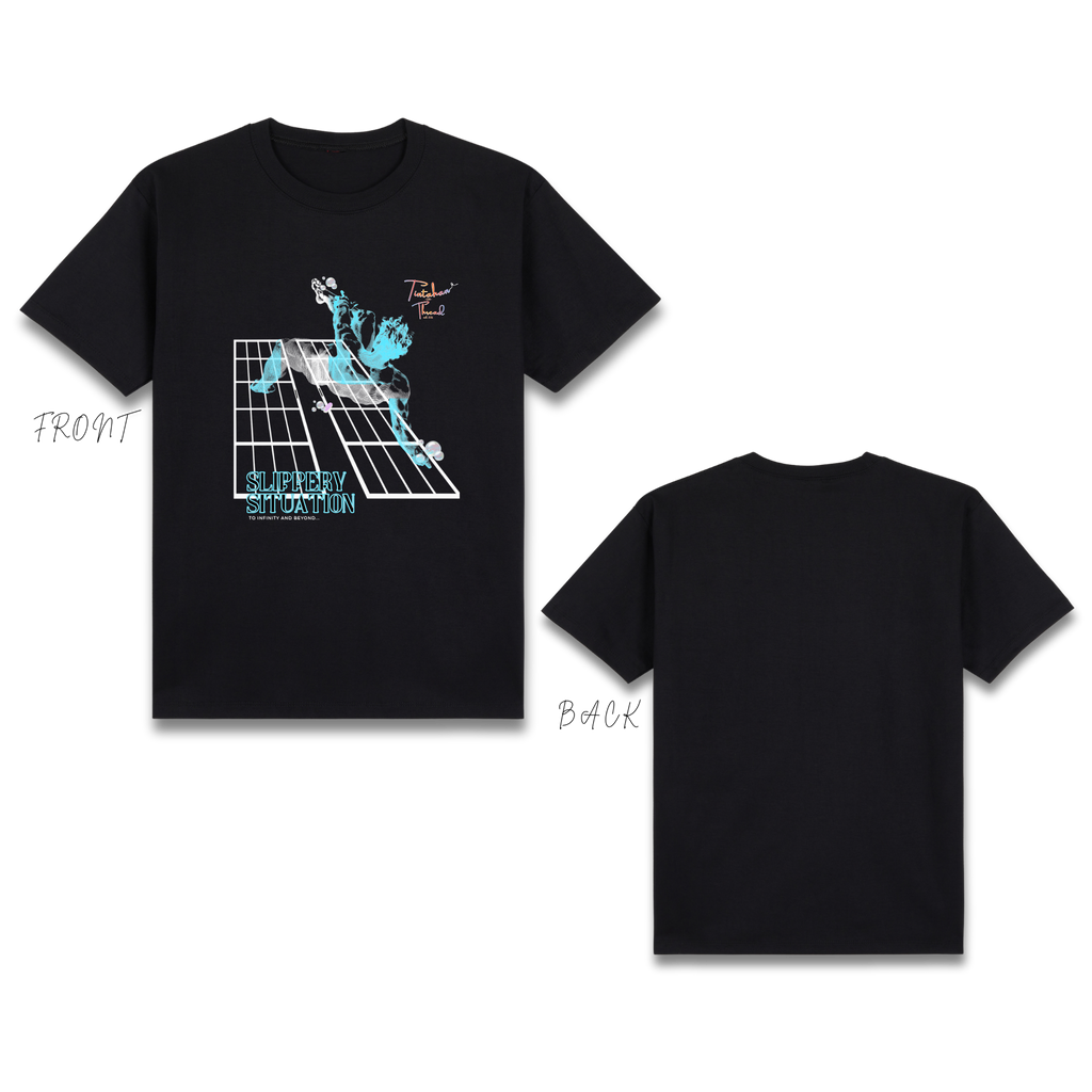 Basic T-Shirt Premium 100% COTTON 200 GSM Front view of a streetwear t-shirt in Black. The design features a large 11x12 inch intricate line-art graphic of a surreal, gravity-defying bathroom inspired by the Infinity Castle anime aesthetic. The artwork shows a character slipping in a bathroom with complex lines perspectives and zero solid background blocks for breathability. Only @ Tintahan-on-Thread