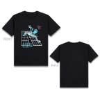 Basic T-Shirt Premium 100% COTTON 200 GSM Front view of a streetwear t-shirt in Black. The design features a large 11x12 inch intricate line-art graphic of a surreal, gravity-defying bathroom inspired by the Infinity Castle anime aesthetic. The artwork shows a character slipping in a bathroom with complex lines perspectives and zero solid background blocks for breathability. Only @ Tintahan-on-Thread