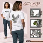 Basic T-Shirt Premium 100% COTTON 200 GSM 
Front and back view of a Filipino woman wearing white streetwear tee. Front: 9x4 "Proud DAVAO" text with a small eagle silhouette. Back: large 12x13 RGBY line art of the Philippine Eagle in flight, using vibrant Red, Green, Blue, and Yellow lines to define its feathers and features. Only @ Tintahan-on-Thread