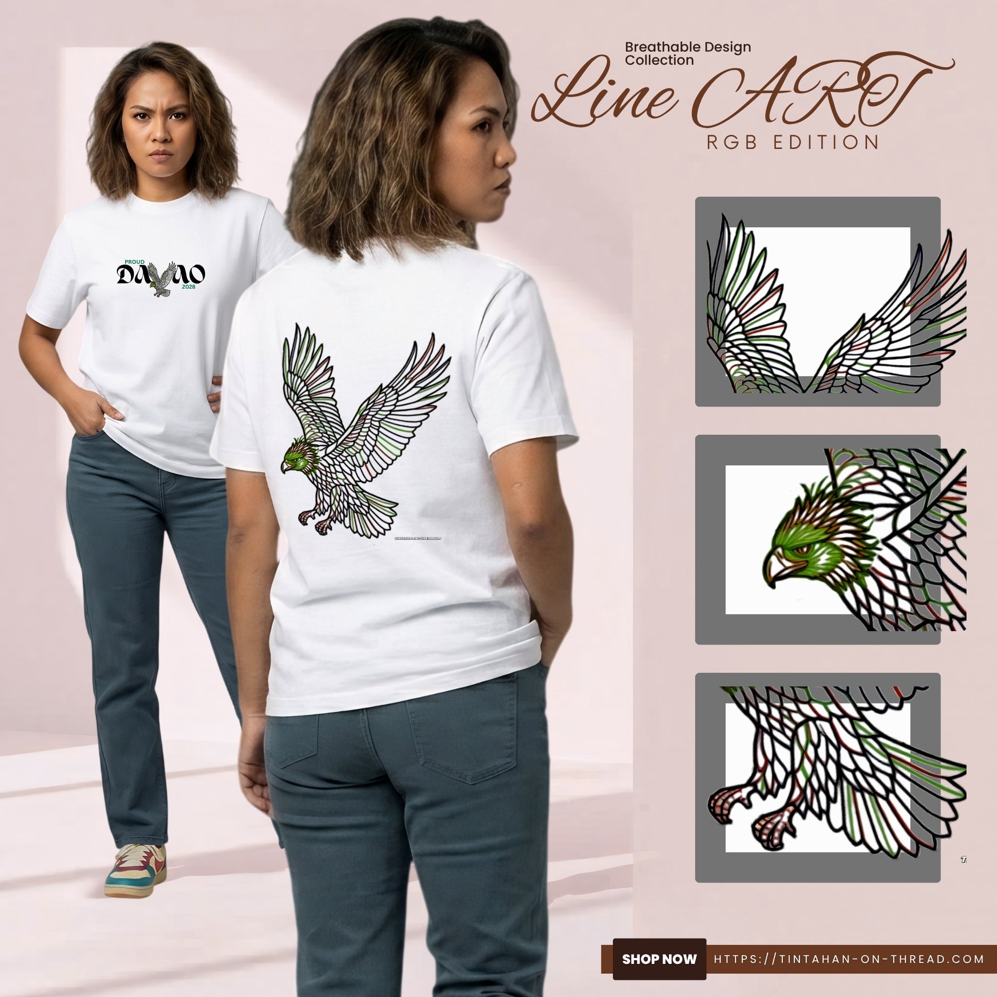 Basic T-Shirt Premium 100% COTTON 200 GSM 
Front and back view of a Filipino woman wearing white streetwear tee. Front: 9x4 "Proud DAVAO" text with a small eagle silhouette. Back: large 12x13 RGBY line art of the Philippine Eagle in flight, using vibrant Red, Green, Blue, and Yellow lines to define its feathers and features. Only @ Tintahan-on-Thread