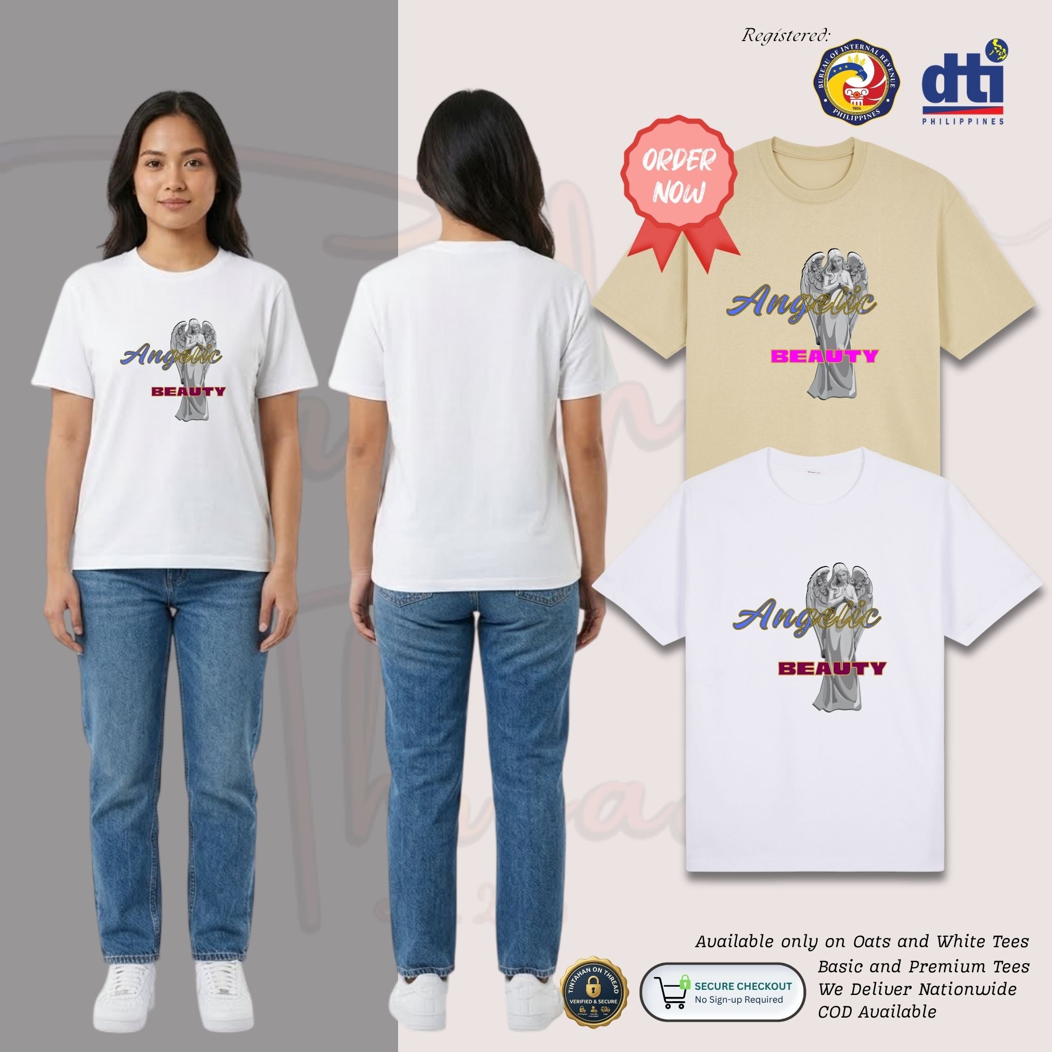 Basic T-Shirt Premium 100% COTTON 200 GSM
Front view of a Filipino woman model wearing White streetwear tee. The design features a high-detail classical angel statue with soft highlights and deep shadows for a 3D effect. The statue is surrounded by bold, maroon-colored typography and gold accents, centered on a 11x10.5 inch print area. Only @ Tintahan-on-Thread