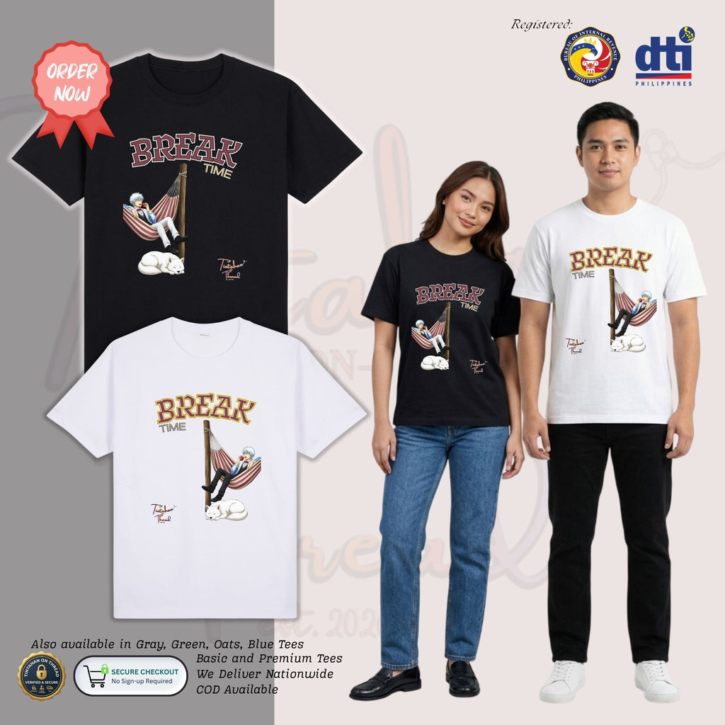 Basic T-Shirt Premium 100% COTTON 200 GSM Front view of a Filipino man wearing White streetwear tee. The front features an 11x12 inch graphic of the anime character Gintoki leaning back in a relaxed pose. A small red apple icon is positioned to the right. The text is sharp and vibrant, and the design uses a no-background printing technique, allowing the white fabric to show through the negative space for better airflow. Only @ Tintahan-on-Thread