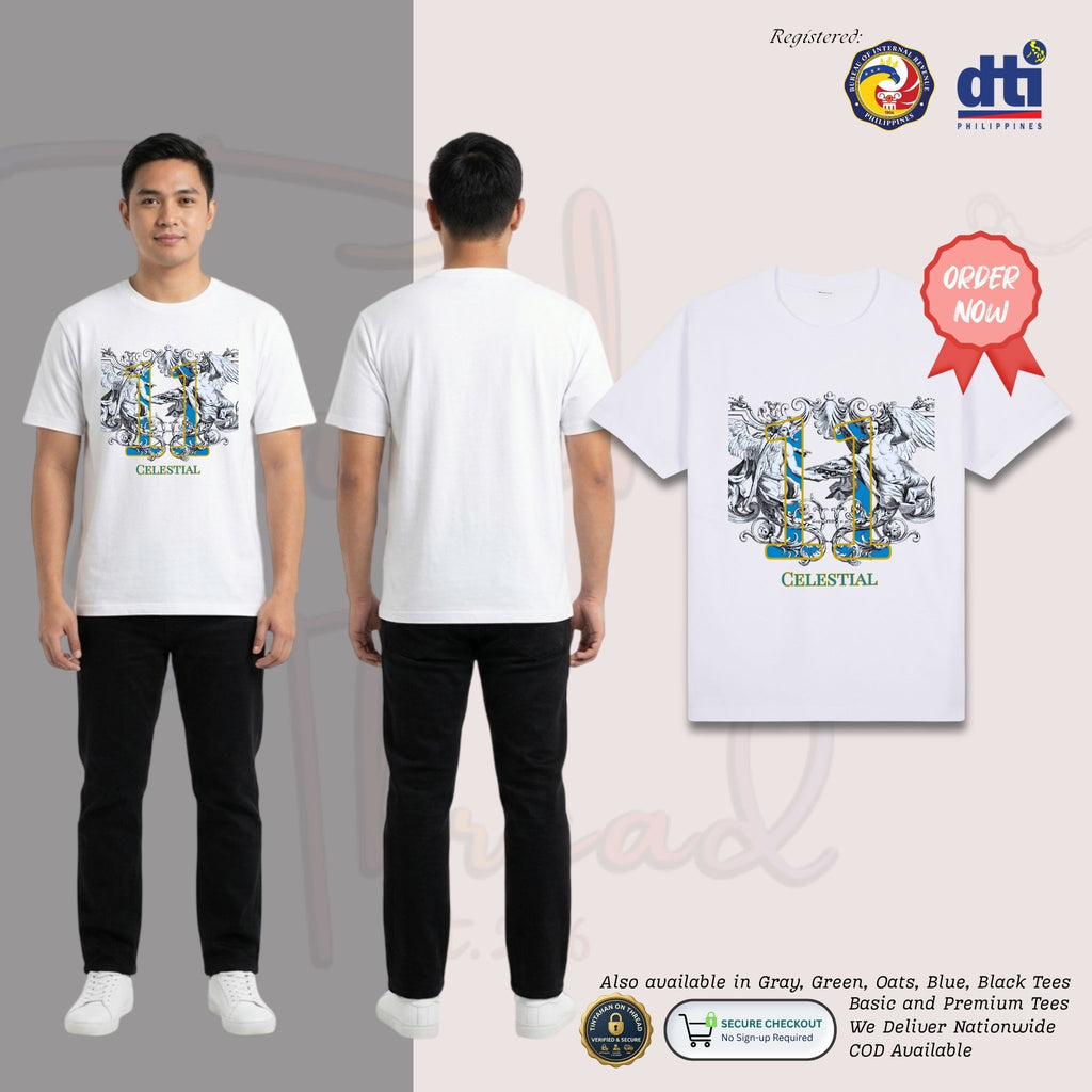 Basic T-Shirt Premium 100% COTTON 200 GSM
Front view of a Filipino man wearing White streetwear tee featuring a large 12x13 inch central graphic. The design showcases two classical Renaissance-style angels and ornate baroque scrollwork rendered in white line art. The angels are artistically overlaid on a large, sky-blue "number 11" with a thick, vibrant gold outline. Below the graphic, the word "CELESTIAL" is printed in a matching gold-outlined serif font. Only @ Tintahan-on-Thread