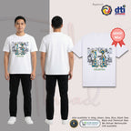 Basic T-Shirt Premium 100% COTTON 200 GSM
Front view of a Filipino man wearing White streetwear tee featuring a large 12x13 inch central graphic. The design showcases two classical Renaissance-style angels and ornate baroque scrollwork rendered in white line art. The angels are artistically overlaid on a large, sky-blue "number 11" with a thick, vibrant gold outline. Below the graphic, the word "CELESTIAL" is printed in a matching gold-outlined serif font. Only @ Tintahan-on-Thread