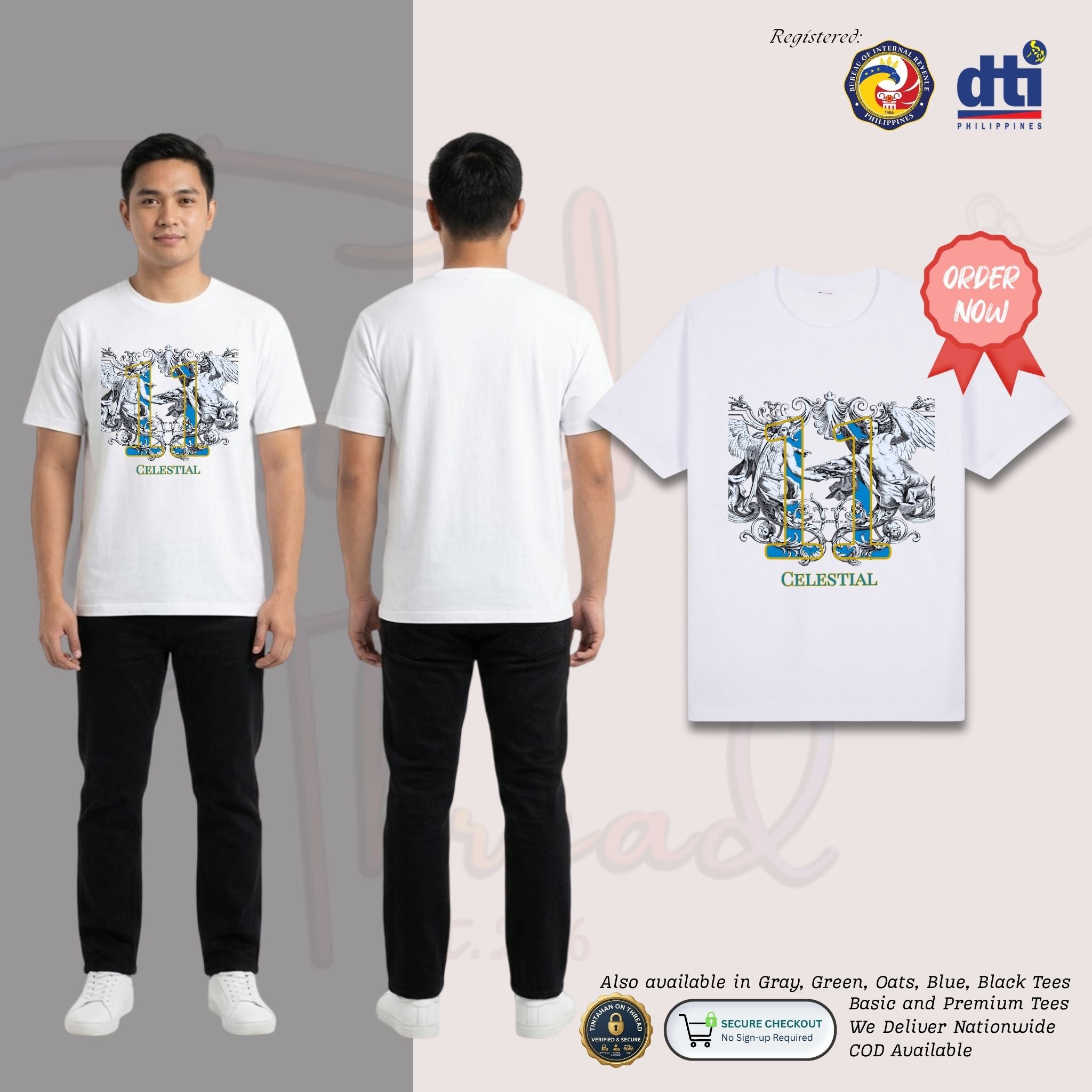 Basic T-Shirt Premium 100% COTTON 200 GSM
Front view of a Filipino man wearing White streetwear tee featuring a large 12x13 inch central graphic. The design showcases two classical Renaissance-style angels and ornate baroque scrollwork rendered in white line art. The angels are artistically overlaid on a large, sky-blue "number 11" with a thick, vibrant gold outline. Below the graphic, the word "CELESTIAL" is printed in a matching gold-outlined serif font. Only @ Tintahan-on-Thread