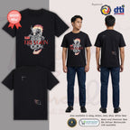 Basic T-Shirt Premium 100% COTTON 200 GSM Front and back view of a Filipino Man Black streetwear t-shirt. The front features an 11x14 inch graphic combining a white line art dragon with full-colored red and orange flames and bold red "FLAME DRAGON" text. The back shows a minimalist brand logo on the bottom right. Only @ Tintahan-on-Thread