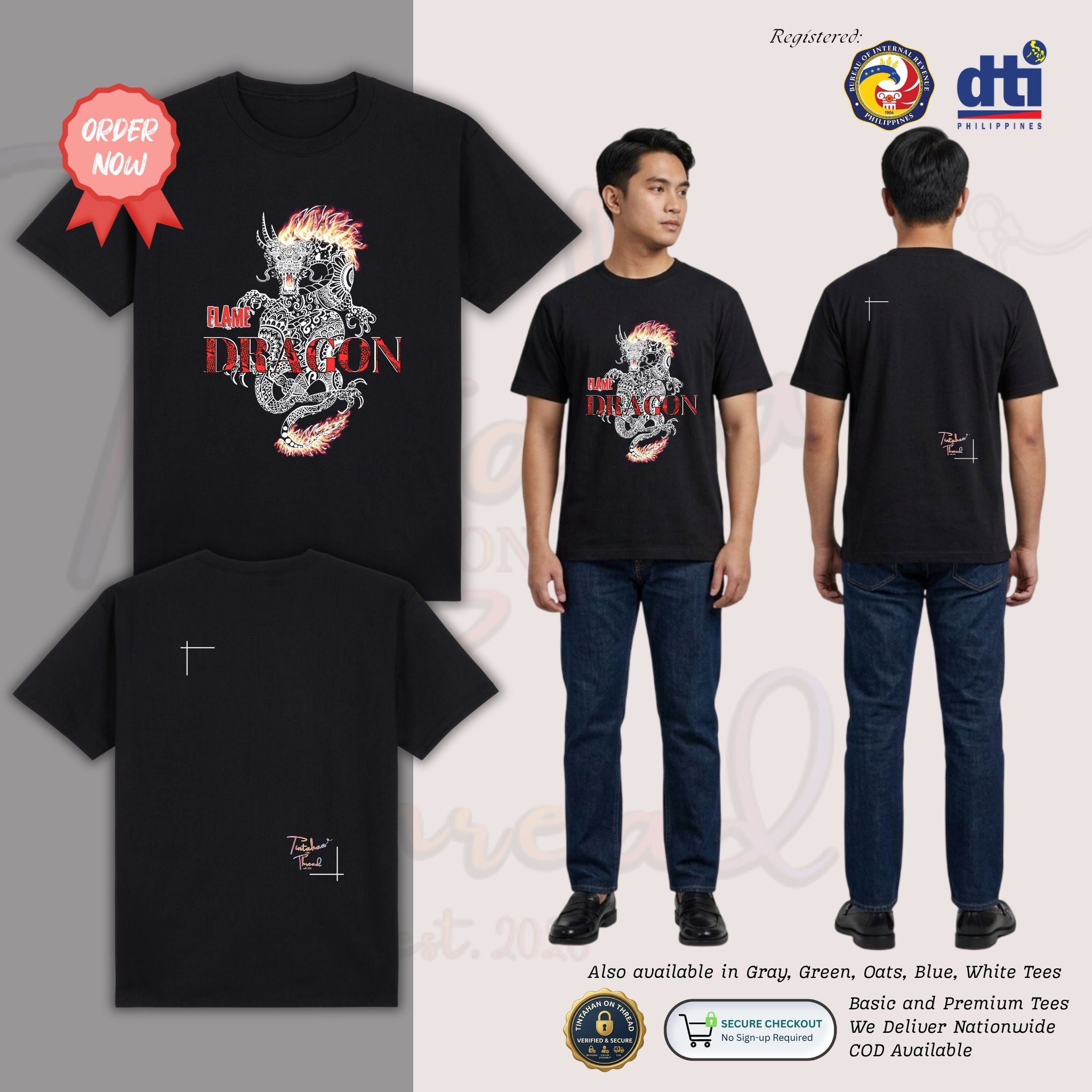 Basic T-Shirt Premium 100% COTTON 200 GSM Front and back view of a Filipino Man Black streetwear t-shirt. The front features an 11x14 inch graphic combining a white line art dragon with full-colored red and orange flames and bold red "FLAME DRAGON" text. The back shows a minimalist brand logo on the bottom right. Only @ Tintahan-on-Thread