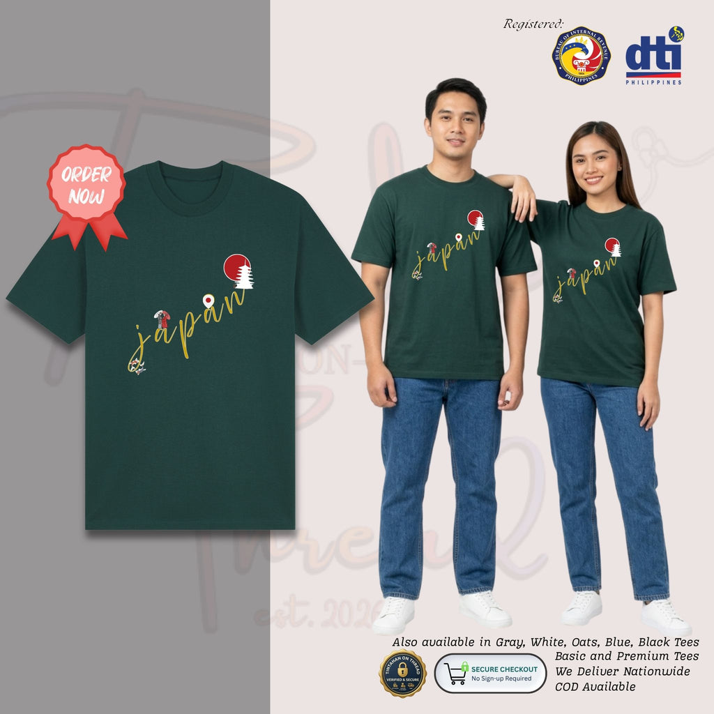 Basic T-Shirt Premium 100% COTTON 200 GSM
Front and back view of a Green streetwear tee. The 11x11 front features a unique vertical layout where Japanese cultural icons—a white pagoda, a red sun, a location pin, and traditional figures—are arranged to artistically form the silhouette of the Japan map. The word "japan" is written across the center in an elegant, golden-yellow cursive script. Only @ Tintahan-on-Thread