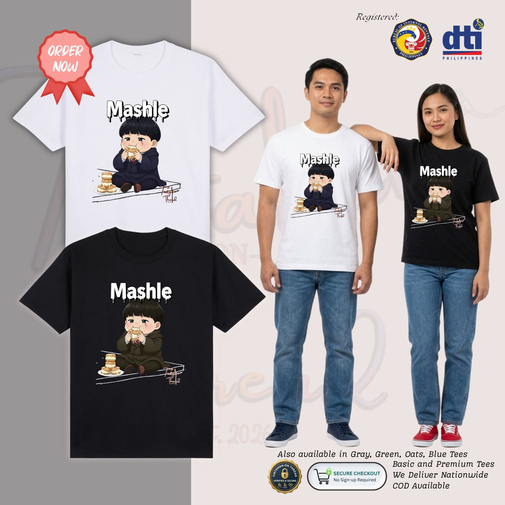 Basic T-Shirt Premium 100% COTTON 200 GSM
Front view of a Filipino man wearing White and woman wearing Black streetwear tee. The front features a large graphic of a chibi-style Mash Burnedead sitting and eating a cream puff, with a stack of choux creams on a plate next to him. Above him, the word "Mashle" is printed in a bold white font with a creative "dripping cream" effect. The character is in full color while the surrounding table lines are in subtle white line art. Only @ Tintahan-on-Thread
