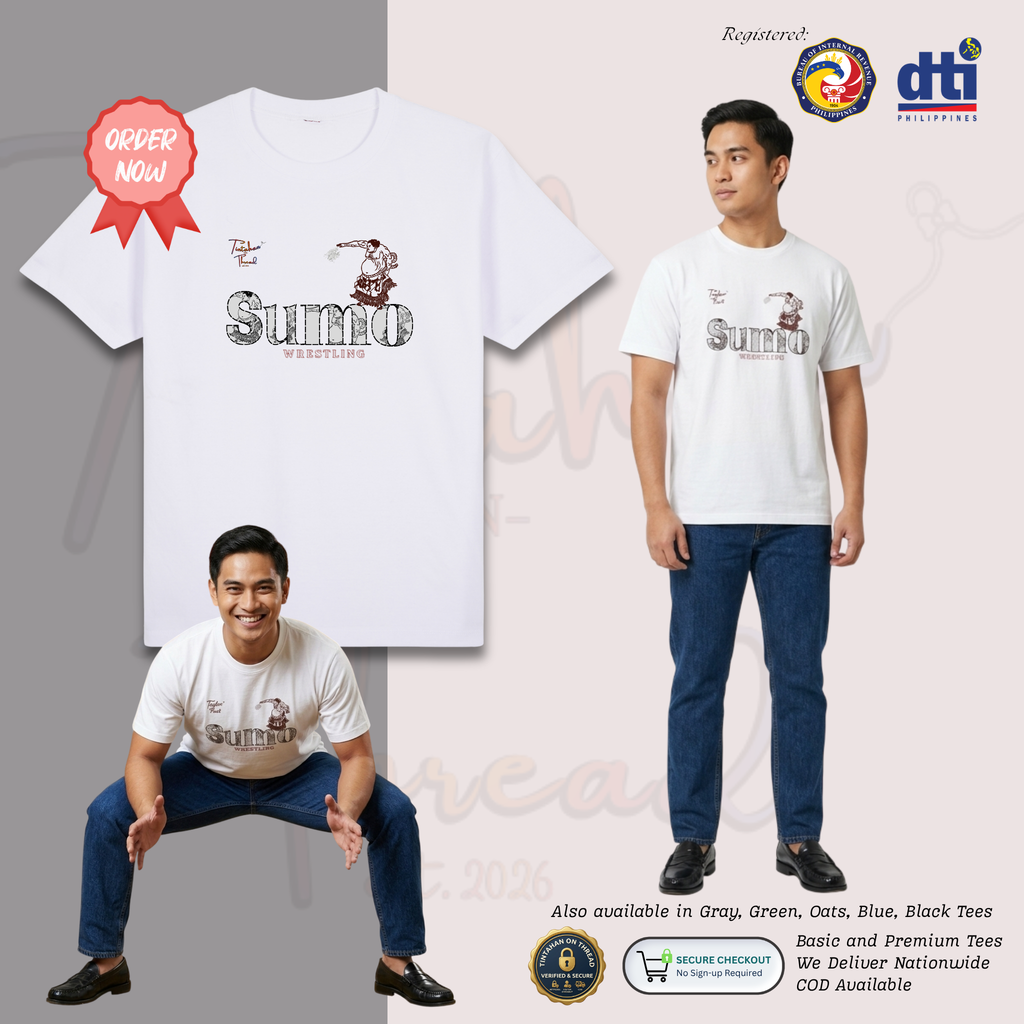Basic T-Shirt Premium 100% COTTON 200 GSM Male model wearing White streetwear tee featuring a 10x6 inch chest print. The design uses "SUMO" text as a frame, with a line art sumo wrestler embossed inside the letters. Only @ Tintahan-on-Thread