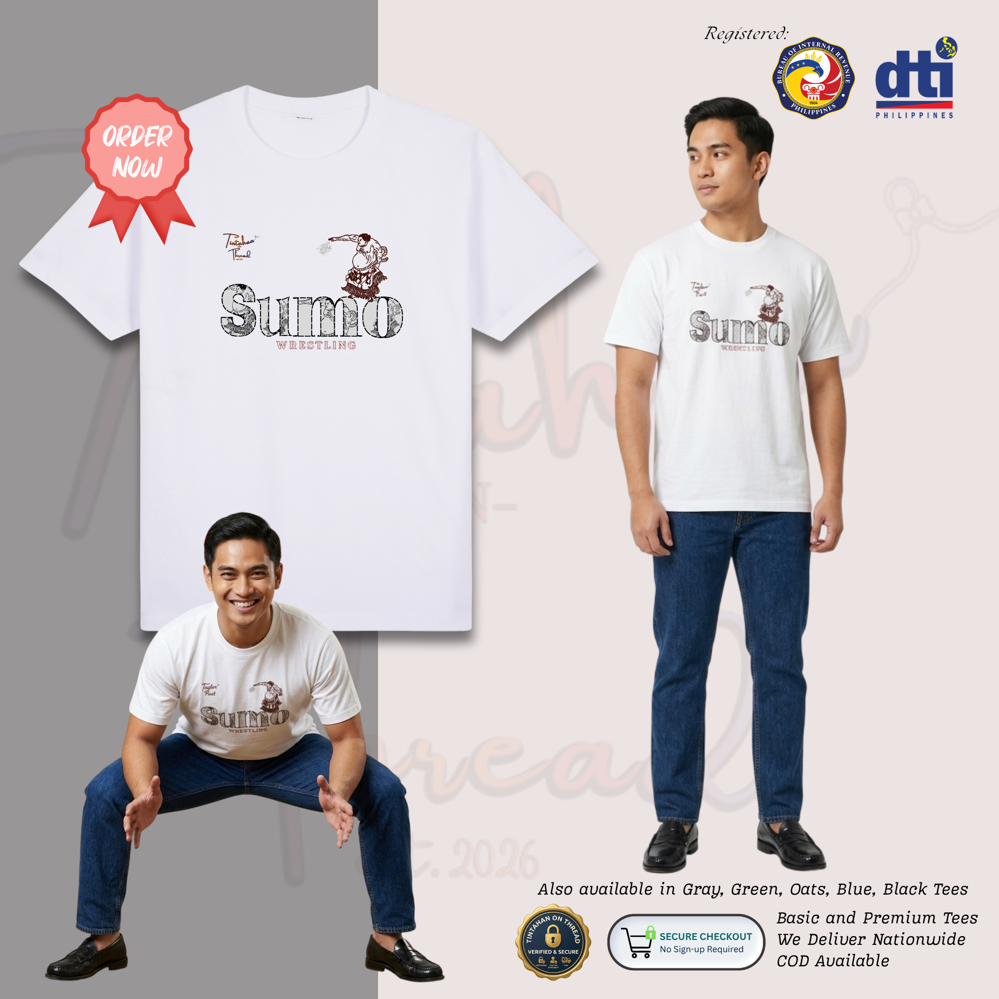 Basic T-Shirt Premium 100% COTTON 200 GSM Male model wearing White streetwear tee featuring a 10x6 inch chest print. The design uses "SUMO" text as a frame, with a line art sumo wrestler embossed inside the letters. Only @ Tintahan-on-Thread