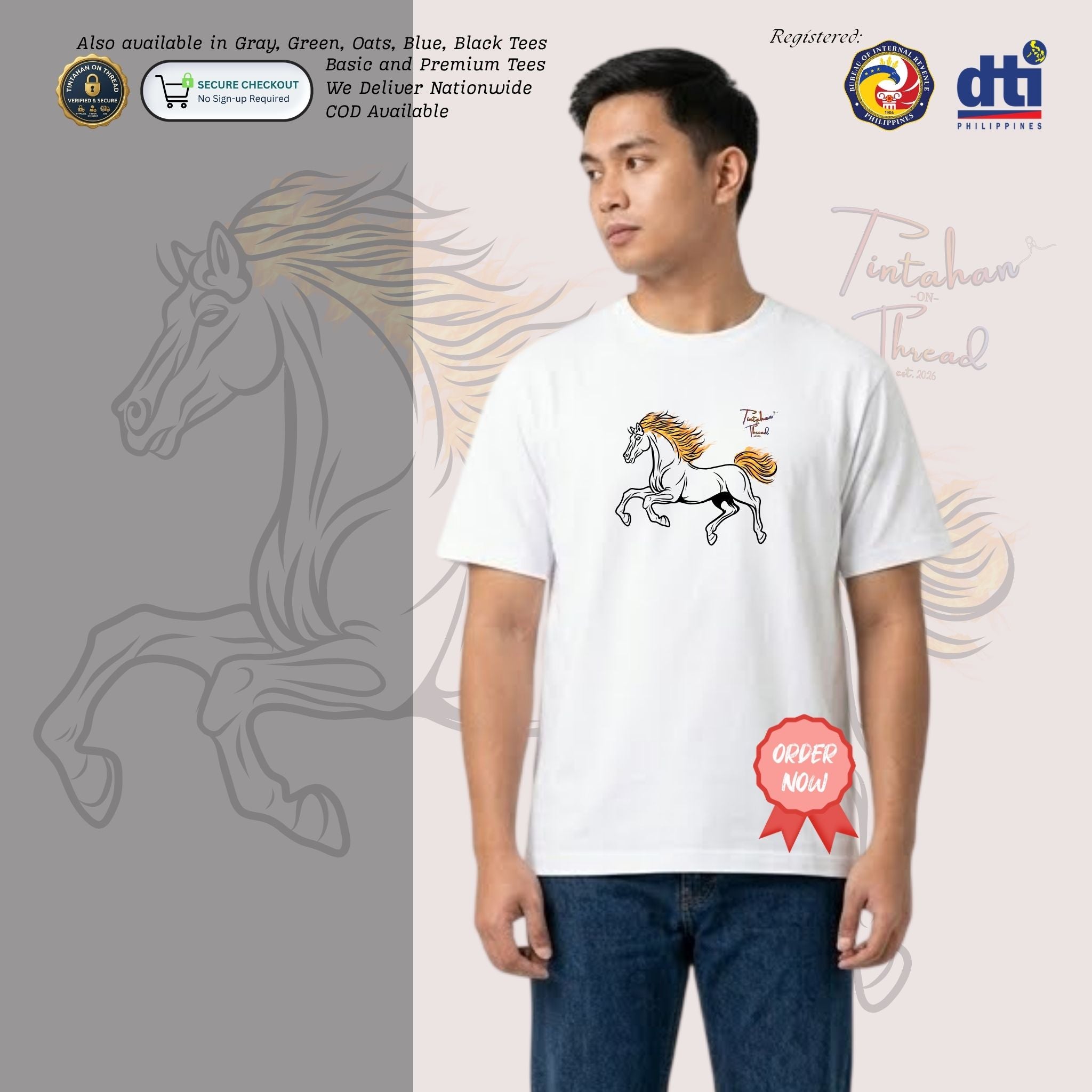 Basic T-Shirt Premium 100% COTTON 200 GSM 
Front view of a Filipino man wearing White streetwear tee. The front features a 9.5x8 inch minimalist line art graphic of a galloping horse. The horse's body is rendered in clean black lines, while its mane and tail are accented with vibrant orange and yellow flame details. The design is centered on the chest, creating a high-contrast, modern aesthetic. Only @ Tintahan-on-Thread