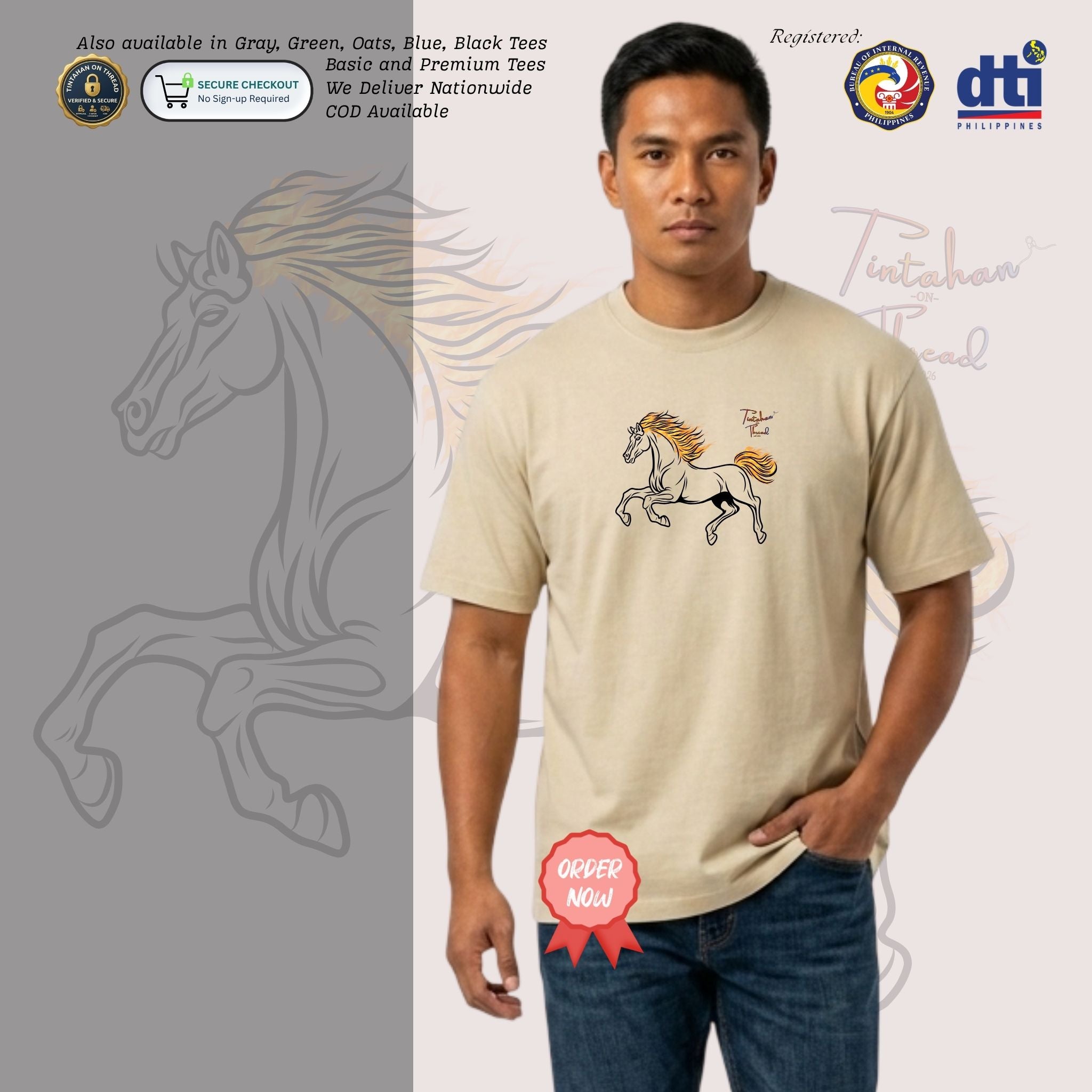 Basic T-Shirt 200 GSM
Front view of a Filipino man wearing Oats streetwear tee. The front features a 9.5x8 inch minimalist line art graphic of a galloping horse. The horse's body is rendered in clean black lines, while its mane and tail are accented with vibrant orange and yellow flame details. The design is centered on the chest, creating a high-contrast, modern aesthetic. Only @ Tintahan-on-Thread