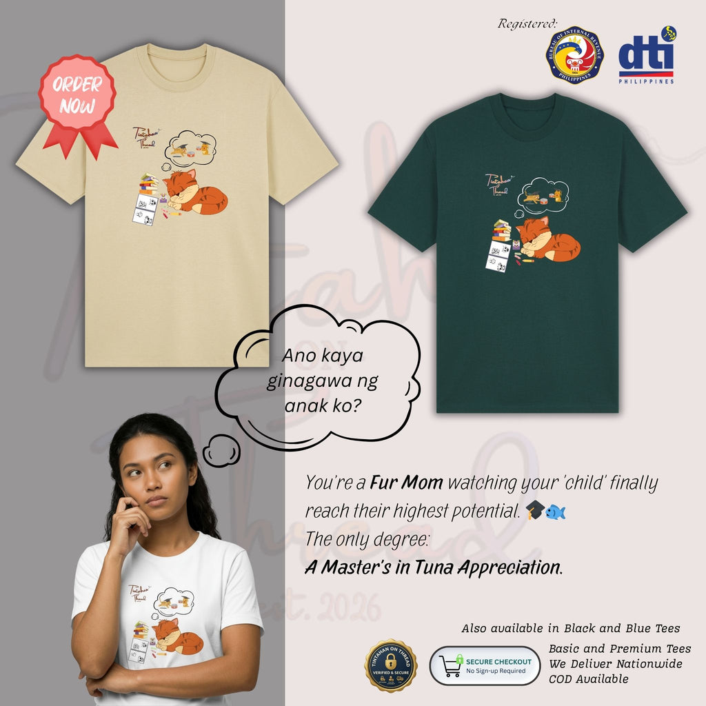Basic T-Shirt Premium 100% COTTON 200 GSM Front view of a Filipino woman wearing White streetwear tee with a full-colored graphic of a sleeping cat tired of studying in soft tones. The image "SLEEPING CAT" and "canned tuna", she knows there is a "reward" is printed in a clean, modern image around the cat. Only @ Tintahan-on-Thread