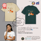 Basic T-Shirt Premium 100% COTTON 200 GSM Front view of a Filipino woman wearing White streetwear tee with a full-colored graphic of a sleeping cat tired of studying in soft tones. The image "SLEEPING CAT" and "canned tuna", she knows there is a "reward" is printed in a clean, modern image around the cat. Only @ Tintahan-on-Thread