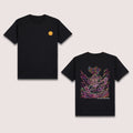Basic T-Shirt Premium 100% COTTON 200 GSM 
Front and back view of a black streetwear tee. Front: minimalist 2x2 yellow and orange straw hat icon on the left chest. Back: massive 14x15 neon-style RGBY line art of a laughing anime character in "Gear 5" pose, featuring vibrant Red, Green, Blue, and Yellow energy lines against the black fabric. Only @ Tintahan-on-Thread