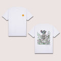 Basic T-Shirt Premium 100% COTTON 200 GSM 
Front and back view of a white streetwear tee. Front: minimalist 2x2 straw hat image on the left chest. Back: large 14x15 RGBY line art of a laughing Luffy anime character in "Gear 5" pose, surrounded by lightning and energy clouds in Red, Green, Blue, and Yellow. Only @ Tintahan-on-Thread