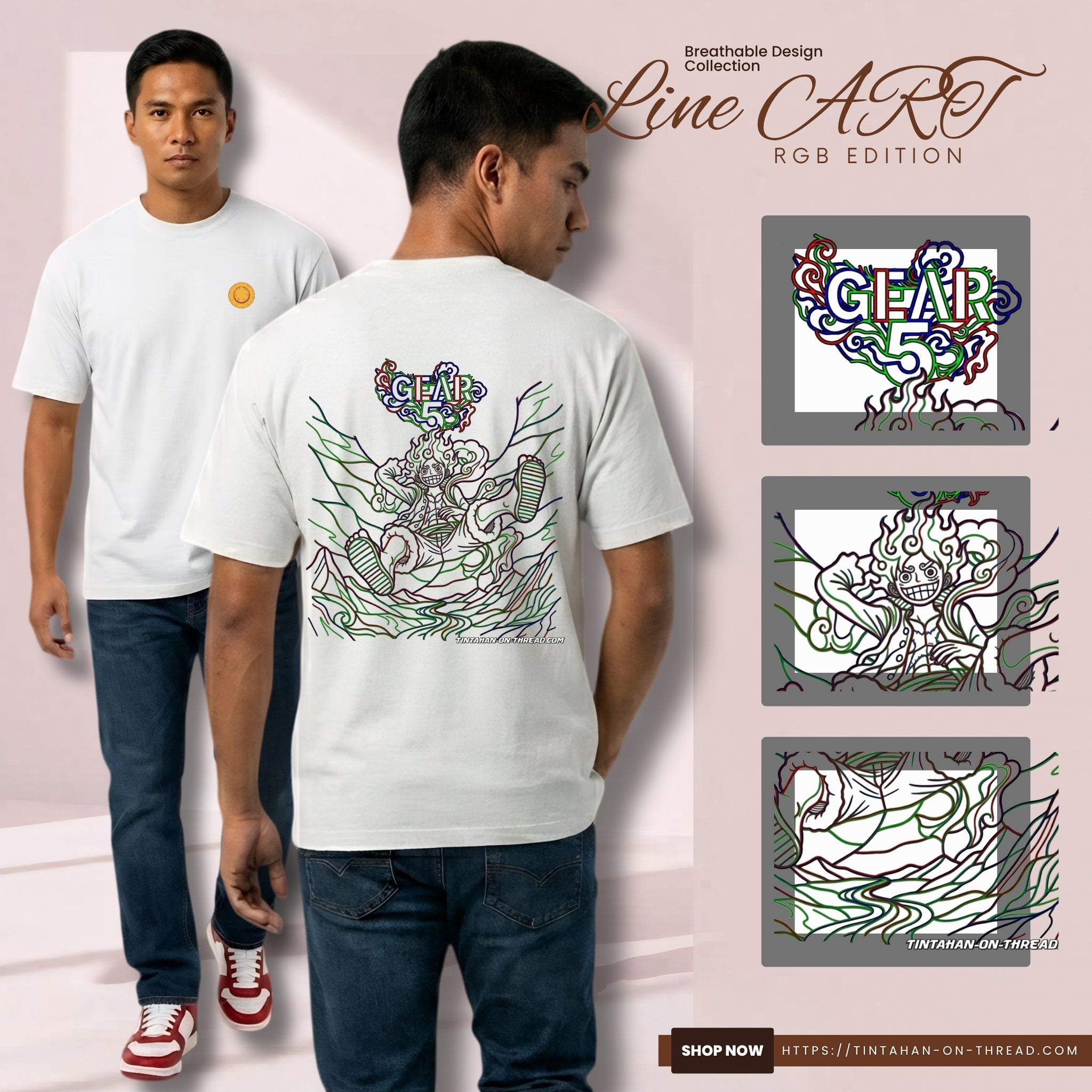 Basic T-Shirt Premium 100% COTTON 200 GSM 
Front and back view of a Filipino man wearing white streetwear tee. Front: minimalist 2x2 straw hat image on the left chest. Back: large 14x15 RGBY line art of a laughing Luffy anime character in "Gear 5" pose, surrounded by lightning and energy clouds in Red, Green, Blue, and Yellow. Only @ Tintahan-on-Thread