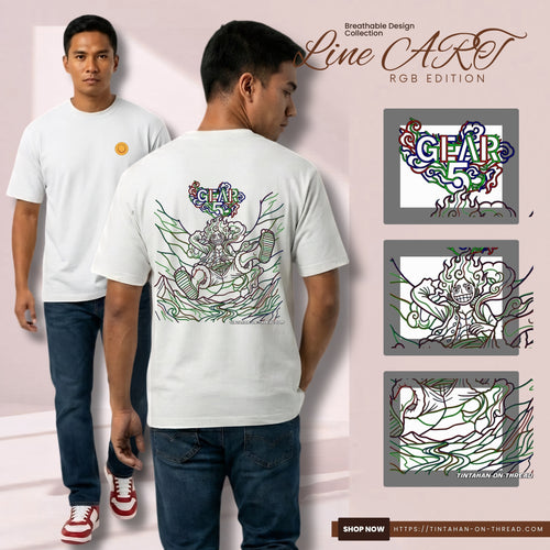 Basic T-Shirt Premium 100% COTTON 200 GSM 
Front and back view of a Filipino man wearing white streetwear tee. Front: minimalist 2x2 straw hat image on the left chest. Back: large 14x15 RGBY line art of a laughing Luffy anime character in "Gear 5" pose, surrounded by lightning and energy clouds in Red, Green, Blue, and Yellow. Only @ Tintahan-on-Thread