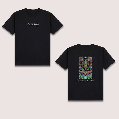 Basic T-Shirt Premium 100% COTTON 200 GSM 
Front and back view of a black streetwear tee. Front: minimalist white "PSALM 56:3" on center chest. Back: 9x13 vertical stained-glass window graphic in Red, Green, Blue, and Yellow line art featuring a divine beacon and geometric patterns. Text "In God We Trust" printed below. Only @ Tintahan-on-Thread