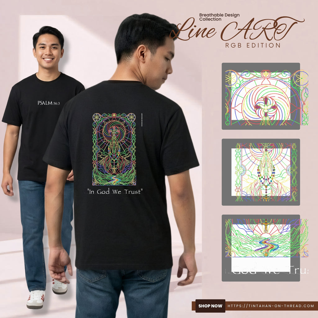 Basic T-Shirt Premium 100% COTTON 200 GSM 
Front and back view of a Filipino man wearing black streetwear tee. Front: minimalist white "PSALM 56:3" on center chest. Back: 9x13 vertical stained-glass window graphic in Red, Green, Blue, and Yellow line art featuring a divine beacon and geometric patterns. Text "In God We Trust" printed below. Only @ Tintahan-on-Thread