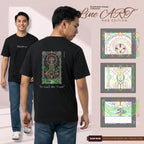 Basic T-Shirt Premium 100% COTTON 200 GSM 
Front and back view of a Filipino man wearing black streetwear tee. Front: minimalist white "PSALM 56:3" on center chest. Back: 9x13 vertical stained-glass window graphic in Red, Green, Blue, and Yellow line art featuring a divine beacon and geometric patterns. Text "In God We Trust" printed below. Only @ Tintahan-on-Thread