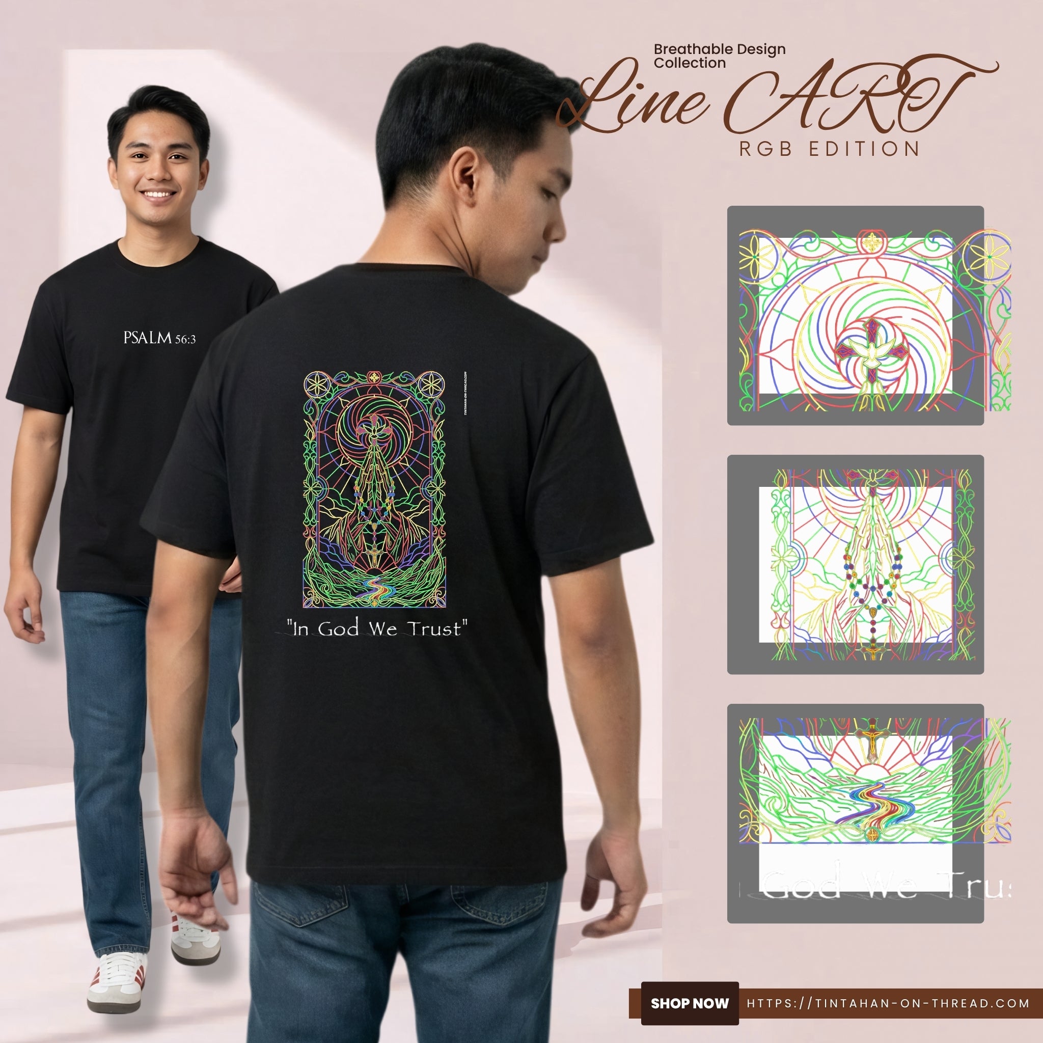 Basic T-Shirt Premium 100% COTTON 200 GSM 
Front and back view of a Filipino man wearing black streetwear tee. Front: minimalist white "PSALM 56:3" on center chest. Back: 9x13 vertical stained-glass window graphic in Red, Green, Blue, and Yellow line art featuring a divine beacon and geometric patterns. Text "In God We Trust" printed below. Only @ Tintahan-on-Thread