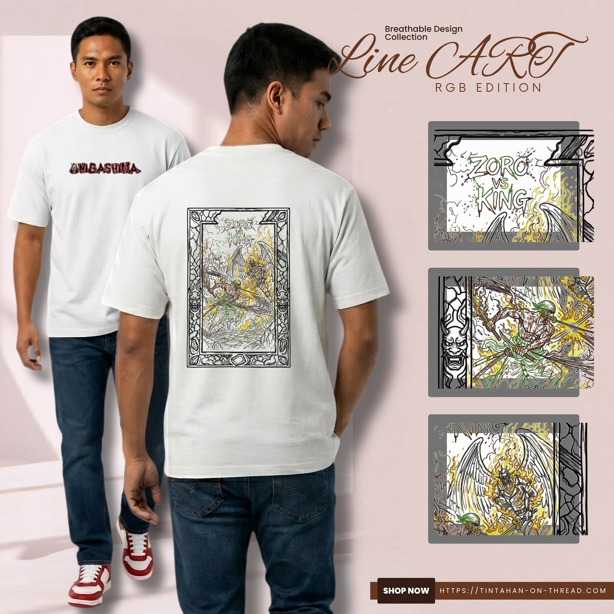 Basic T-Shirt Premium 100% COTTON 200 GSM 
Front and back view of a Filipino man wearing white streetwear tee. Front: a minimalist ONI mask and 10x2 "ONIGASHIMA" text in a jagged red and black font. Back: massive 10x15 sketch-style line art of a swordsman with green and yellow flame accents, encased in a decorative black gothic frame. Only @ Tintahan-on-Thread
