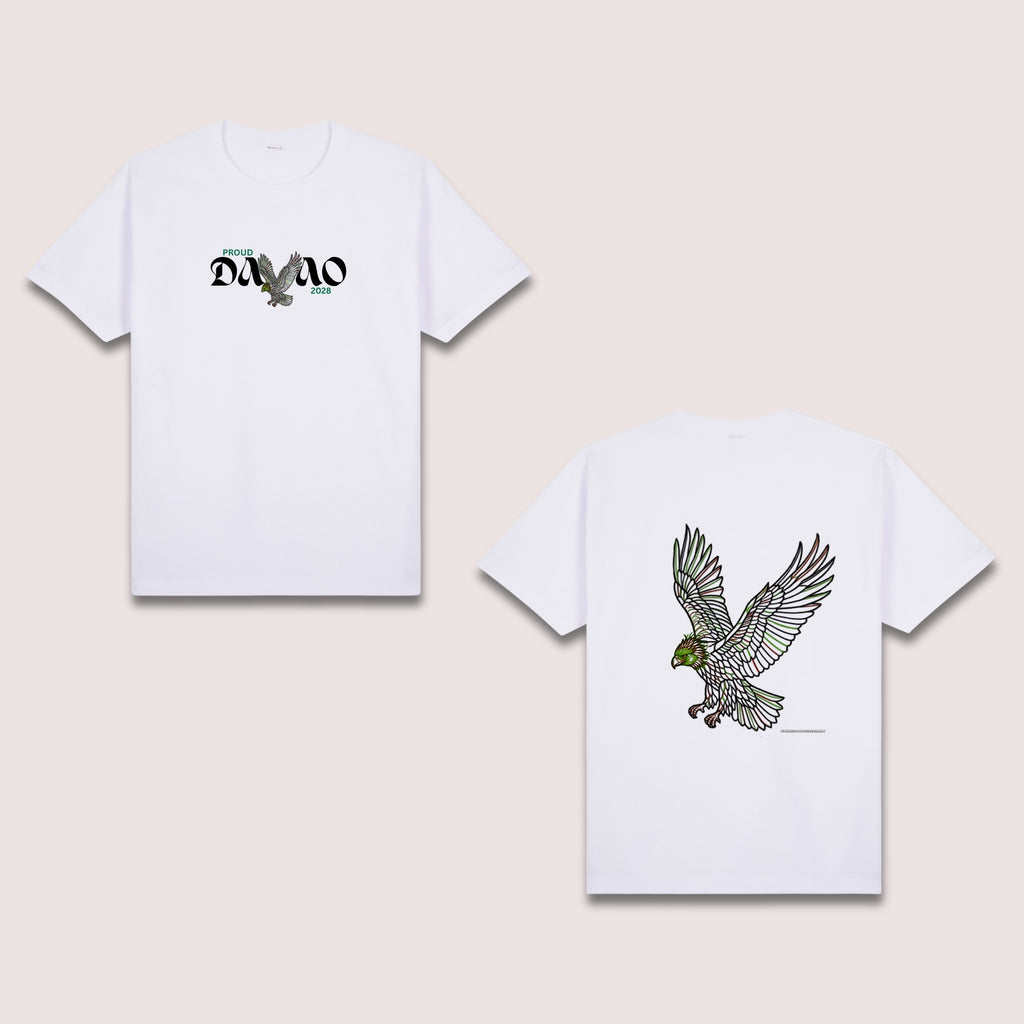 Basic T-Shirt Premium 100% COTTON 200 GSM 
Front and back view of a white streetwear tee. Front: 9x4 "Proud DAVAO" text with a small eagle silhouette. Back: large 12x13 RGBY line art of the Philippine Eagle in flight, using vibrant Red, Green, Blue, and Yellow lines to define its feathers and features. Only @ Tintahan-on-Thread