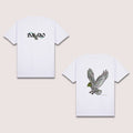 Basic T-Shirt Premium 100% COTTON 200 GSM 
Front and back view of a white streetwear tee. Front: 9x4 "Proud DAVAO" text with a small eagle silhouette. Back: large 12x13 RGBY line art of the Philippine Eagle in flight, using vibrant Red, Green, Blue, and Yellow lines to define its feathers and features. Only @ Tintahan-on-Thread