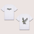 Basic T-Shirt Premium 100% COTTON 200 GSM 
Front and back view of a white streetwear tee. Front: 9x4 "Proud DAVAO" text with a small eagle silhouette. Back: large 12x13 RGBY line art of the Philippine Eagle in flight, using vibrant Red, Green, Blue, and Yellow lines to define its feathers and features. Only @ Tintahan-on-Thread