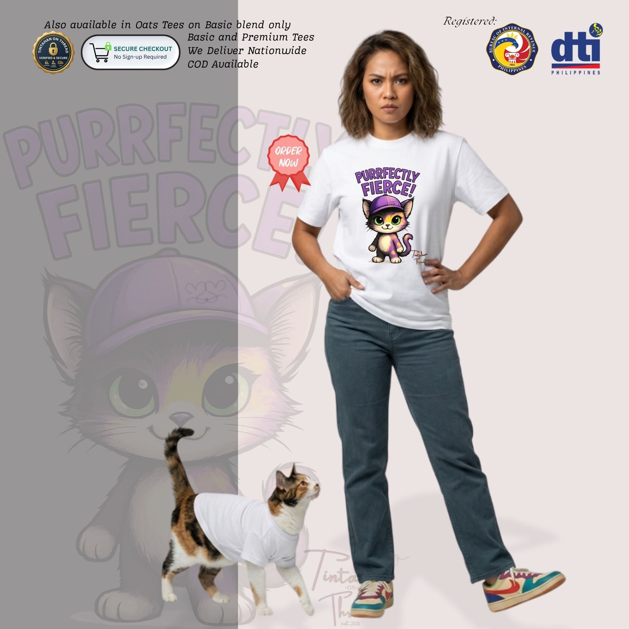 Basic T-Shirt Premium 100% COTTON 200 GSM Front view of a Filipino woman wearing White streetwear tee. The front features a large, centered 11x14 inch graphic of a chibi-style kitten wearing a purple cap. Above the kitten, the words "PURRFECTLY FIERCE!" are arched in a bold, vibrant purple block font with a dark outline. The kitten’s fur is accented with artistic splashes of purple and green. The design uses high-definition inks for a premium, high-contrast look. Only @ Tintahan-on-Thread