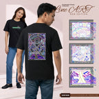Basic T-Shirt Premium 100% COTTON 200 GSM 
Front and back view of a black streetwear tee. Front: 9x4 neon green "RORONOA" typographic logo with purple sword accents. Back: massive 10x15 RGBY line art of a swordsman with three katanas in a neon stained-glass frame using vibrant Red, Green, Blue, and Yellow energy lines. Only @ Tintahan on Thread.
