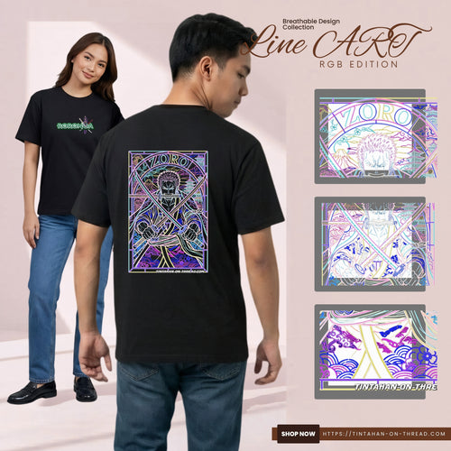 Basic T-Shirt Premium 100% COTTON 200 GSM 
Front and back view of a black streetwear tee. Front: 9x4 neon green "RORONOA" typographic logo with purple sword accents. Back: massive 10x15 RGBY line art of a swordsman with three katanas in a neon stained-glass frame using vibrant Red, Green, Blue, and Yellow energy lines. Only @ Tintahan on Thread.
