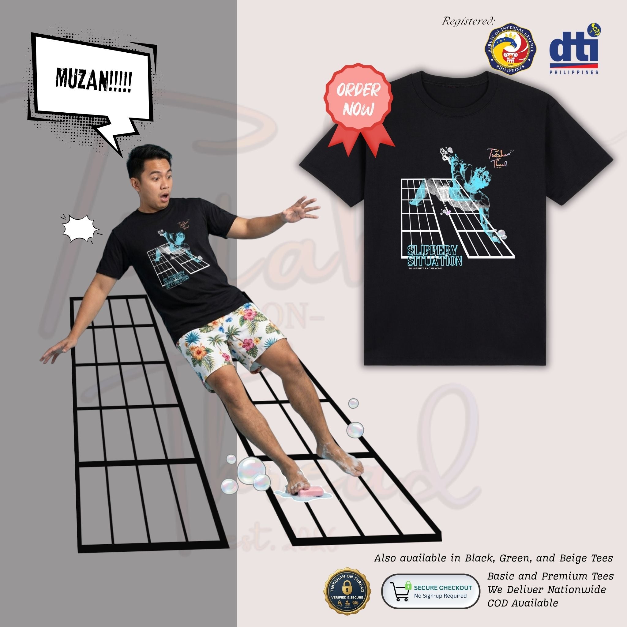 Basic T-Shirt Premium 100% COTTON 200 GSM Front view of a Filipino man streetwear t-shirt in Black. The design features a large 11x12 inch intricate line-art graphic of a surreal, gravity-defying bathroom inspired by the Infinity Castle anime aesthetic. The artwork shows a character slipping in a bathroom with complex lines perspectives and zero solid background blocks for breathability. Only @ Tintahan-on-Thread