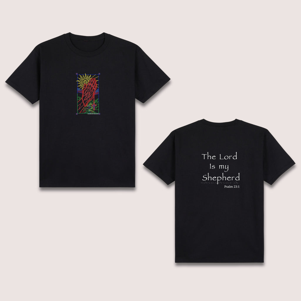 Basic T-Shirt Premium 100% COTTON 200 GSM 
Front and back view of a black streetwear tee. Front: 5x8 RGBY line art of praying hands with a cross, sun, and water elements in vibrant Red, Green, Blue, and Yellow. Back: 8x8 white text reading "The Lord Is my Shepherd" with "Psalm 23:1" below it. Only @ Tintahan-on-Thread