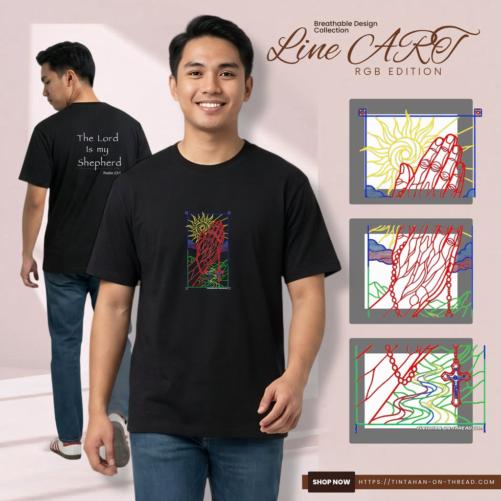 Basic T-Shirt Premium 100% COTTON 200 GSM 
Front and back view of a Filipino man wearing a black streetwear tee. Front: 5x8 RGBY line art of praying hands with a cross, sun, and water elements in vibrant Red, Green, Blue, and Yellow. Back: 8x8 white text reading "The Lord Is my Shepherd" with "Psalm 23:1" below it. Only @ Tintahan-on-Thread