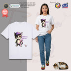 Basic T-Shirt Premium 100% COTTON 200 GSM 
Front view of a woman wearing White streetwear tee. The front features a large 11x12 inch graphic of a stylized, chibi-style cat a purple baseball cap. The cat’s fur is accented with artistic splashes of purple, lime green, and pink. To the right, the text "PURRFECTLY TOGETHER" is printed in a bold, bubbly purple font with soft pink heart accents. The design uses high-definition inks for a vibrant, high-contrast finish on the white fabric. Only @ Tintahan-on-Thread