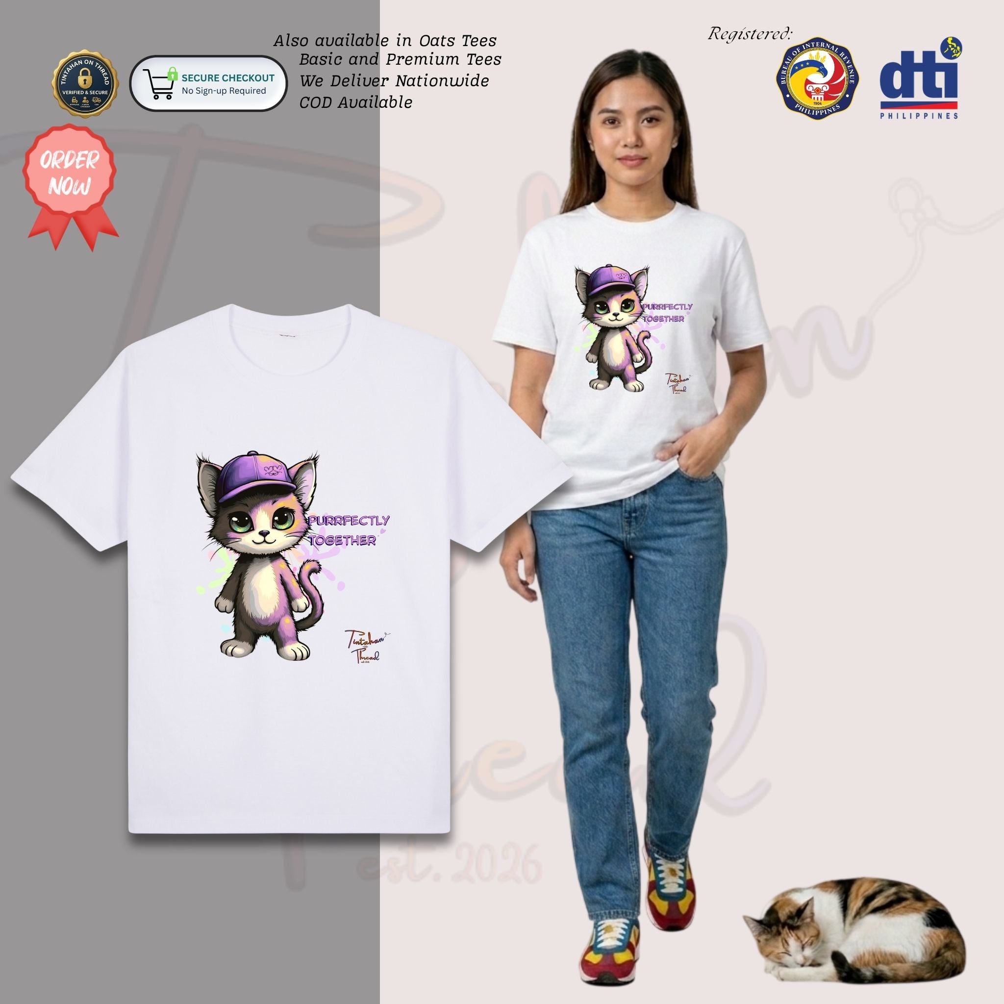 Basic T-Shirt Premium 100% COTTON 200 GSM 
Front view of a woman wearing White streetwear tee. The front features a large 11x12 inch graphic of a stylized, chibi-style cat a purple baseball cap. The cat’s fur is accented with artistic splashes of purple, lime green, and pink. To the right, the text "PURRFECTLY TOGETHER" is printed in a bold, bubbly purple font with soft pink heart accents. The design uses high-definition inks for a vibrant, high-contrast finish on the white fabric. Only @ Tintahan-on-Thread